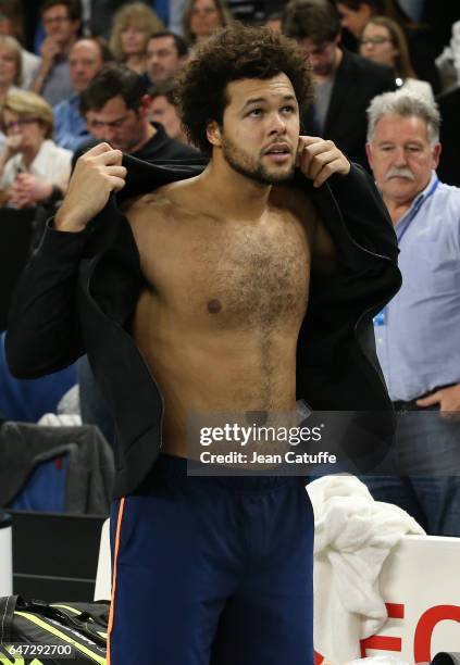 Jo-Wilfried Tsonga of France looks on following the final of the Open 13, an ATP 250 tennis tournament at Palais des Sports on February 26, 2017 in...