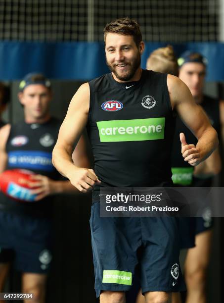 Dale Thomas warms up during a Carlton Blues AFL media opportunity at Ikon Park on March 3, 2017 in Melbourne, Australia.