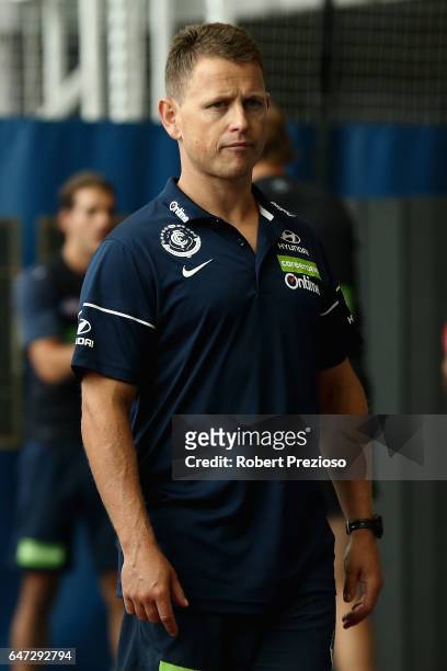 Coach Brendon Bolton looks on during a Carlton Blues AFL media opportunity at Ikon Park on March 3, 2017 in Melbourne, Australia.