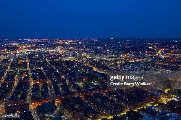 aerial view of south end of boston at dusk - boston aerial stock pictures, royalty-free photos & images