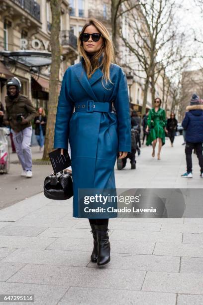 Miroslava Duma wears a blue coat, outside the Balmain show, during Paris Fashion Week Womenswear Fall/Winter 2017/2018 on March 2, 2017 in Paris,...