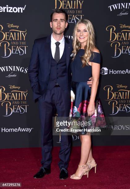 Actors Matthew Lewis and Angela Jones attend Disney's "Beauty and the Beast" premiere at El Capitan Theatre on March 2, 2017 in Los Angeles,...
