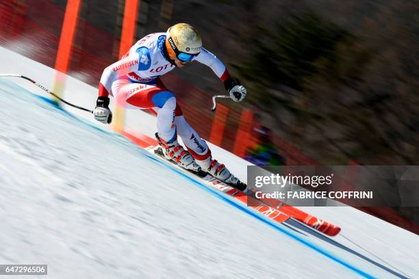 Switzerland's Michelle Gisin competes during the second women's downhill practice at a FIS Alpine Ski World Cup in Jeongseon, some 150km east of...