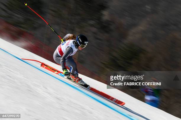 France's Tiffany Gauthier competes during the second women's downhill practice at a FIS Alpine Ski World Cup in Jeongseon, some 150km east of Seoul,...