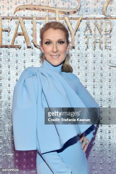 Celine Dion arrives at the world premiere of Disney's new live-action "Beauty and the Beast" photographed in front of the Swarovski crystal wall at...