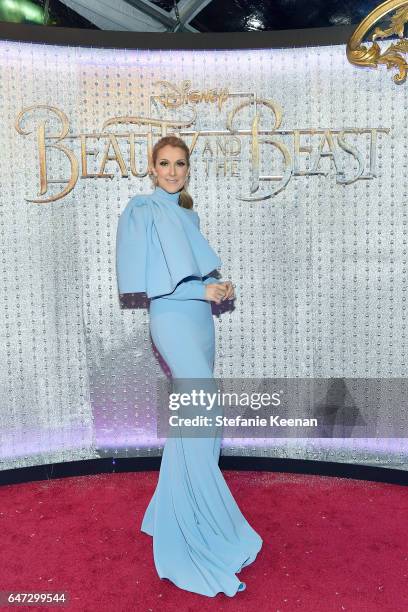 Celine Dion arrives at the world premiere of Disney's new live-action "Beauty and the Beast" photographed in front of the Swarovski crystal wall at...
