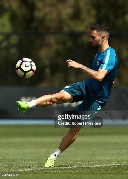 Anthony Caceres kicks during a Melbourne City FC training session at City Football Academy on March 3, 2017 in Melbourne, Australia.