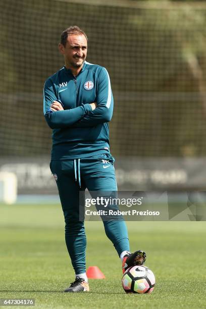 Coach Michael Valkanis looks on during a Melbourne City FC training session at City Football Academy on March 3, 2017 in Melbourne, Australia.