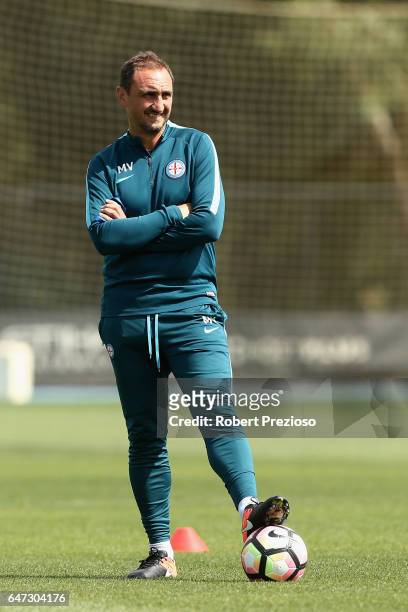 Coach Michael Valkanis looks on during a Melbourne City FC training session at City Football Academy on March 3, 2017 in Melbourne, Australia.