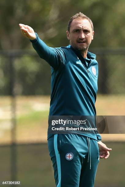 Coach Michael Valkanis gives instructions during a Melbourne City FC training session at City Football Academy on March 3, 2017 in Melbourne,...