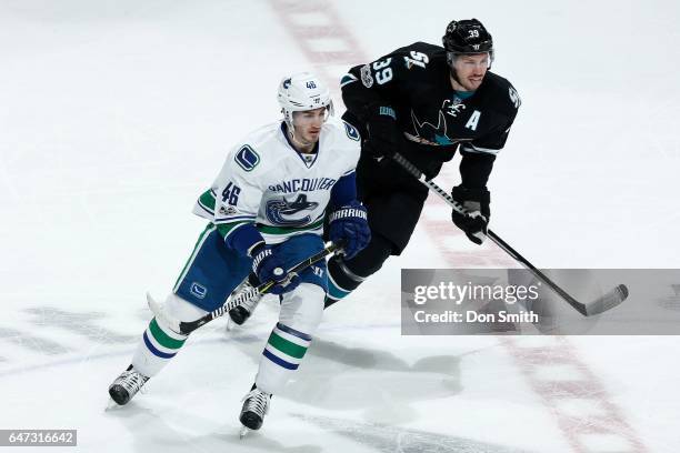 Logan Couture of the San Jose Sharks skates against Jayson Megna of the Vancouver Canucks at SAP Center at San Jose on March 2, 2017 in San Jose,...