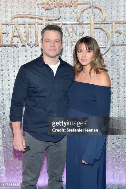 Matt Damon and Luciana Bozan Barroso arrive at the world premiere of Disney's new live-action "Beauty and the Beast" photographed in front of the...