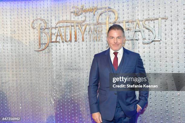 Matt Sullivan arrives at the world premiere of Disney's new live-action "Beauty and the Beast" photographed in front of the Swarovski crystal wall at...