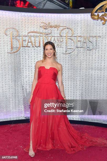 Allison Holker arrives at the world premiere of Disney's new live-action "Beauty and the Beast" photographed in front of the Swarovski crystal wall...