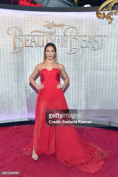 Allison Holker arrives at the world premiere of Disney's new live-action "Beauty and the Beast" photographed in front of the Swarovski crystal wall...