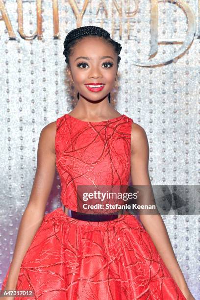 Skai Jackson arrives at the world premiere of Disney's new live-action "Beauty and the Beast" photographed in front of the Swarovski crystal wall at...