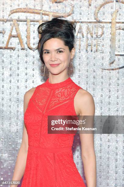 Lilan Bowden arrives at the world premiere of Disney's new live-action "Beauty and the Beast" photographed in front of the Swarovski crystal wall at...