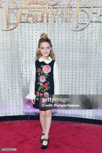 Mckenna Grace arrives at the world premiere of Disney's new live-action "Beauty and the Beast" photographed in front of the Swarovski crystal wall at...