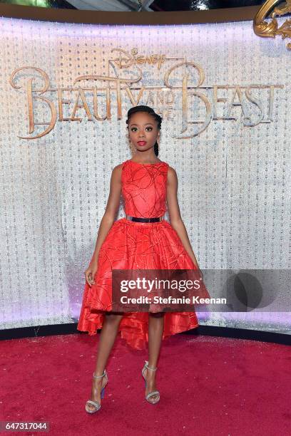 Skai Jackson arrives at the world premiere of Disney's new live-action "Beauty and the Beast" photographed in front of the Swarovski crystal wall at...