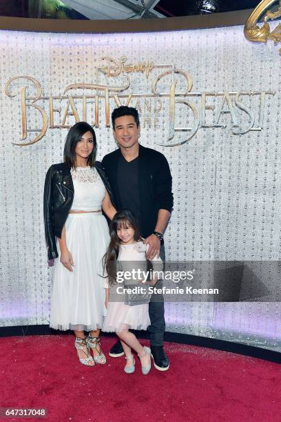 Mario Lopez, Courtney Laine Mazza and Gia Francesca Lopez arrive at the world premiere of Disney's new live-action "Beauty and the Beast"...