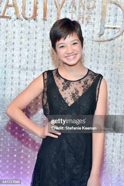 Peyton Elizabeth Lee arrives at the world premiere of Disney's new live-action "Beauty and the Beast" photographed in front of the Swarovski crystal...