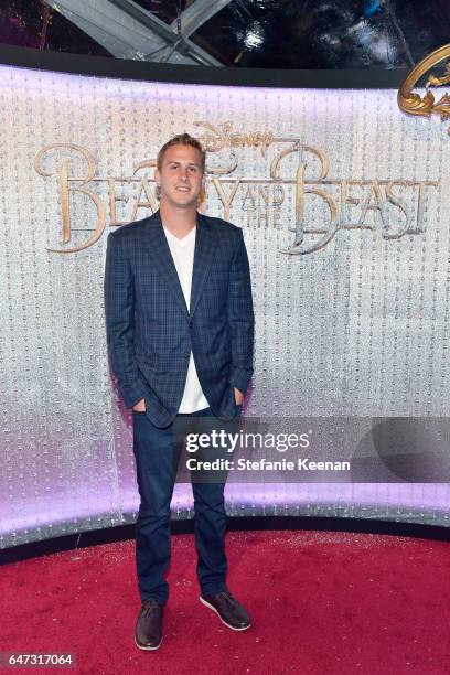 Jared Goff arrives at the world premiere of Disney's new live-action "Beauty and the Beast" photographed in front of the Swarovski crystal wall at...