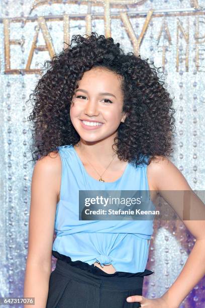 Sofia Wylie arrives at the world premiere of Disney's new live-action "Beauty and the Beast" photographed in front of the Swarovski crystal wall at...
