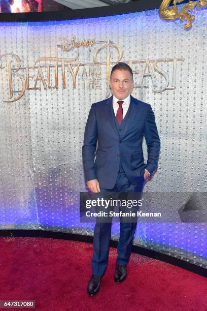 Matt Sullivan arrives at the world premiere of Disney's new live-action "Beauty and the Beast" photographed in front of the Swarovski crystal wall at...