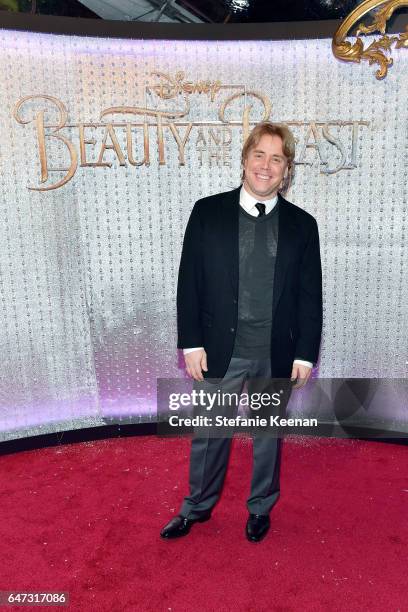 Stephen Chbosky arrives at the world premiere of Disney's new live-action "Beauty and the Beast" photographed in front of the Swarovski crystal wall...