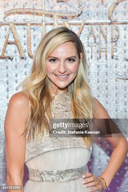 Jackie Miranne arrives at the world premiere of Disney's new live-action "Beauty and the Beast" photographed in front of the Swarovski crystal wall...
