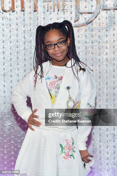 Marsai Martin arrives at the world premiere of Disney's new live-action "Beauty and the Beast" photographed in front of the Swarovski crystal wall at...
