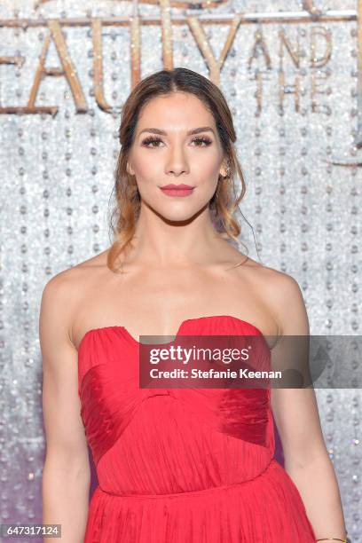 Allison Holker arrives at the world premiere of Disney's new live-action "Beauty and the Beast" photographed in front of the Swarovski crystal wall...
