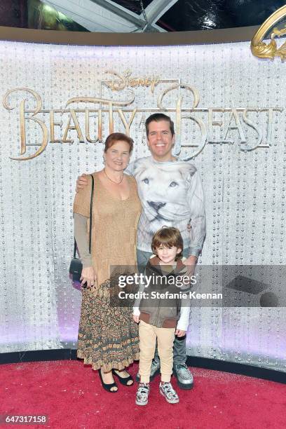 Perez Hilton, Teresita Lavandeira and Mario Armando Lavandeira III arrive at the world premiere of Disney's new live-action "Beauty and the Beast"...