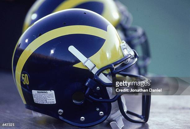 General view of the Michigan Wolverines helmet during the game against the Northwestern Wildcats at the Ryan Field in Evanston, Illinois. The...
