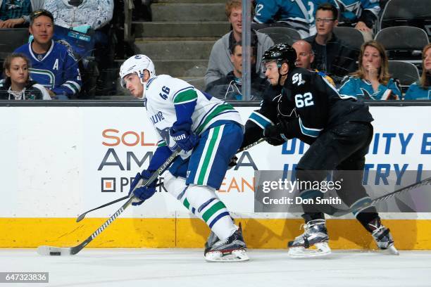 Kevin Labanc of the San Jose Sharks skates against Jayson Megna of the Vancouver Canucks at SAP Center at San Jose on March 2, 2017 in San Jose,...