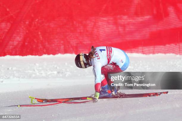 Fabienne Suter of Switzerland reacts after crashing during the Audi FIS Ski World Cup 2017 Ladies' Downhill Training at the Jeongseon Alpine Centre...