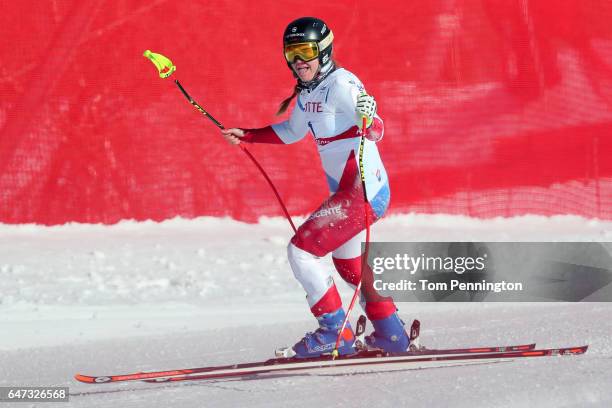 Fabienne Suter of Switzerland reacts after crashing during the Audi FIS Ski World Cup 2017 Ladies' Downhill Training at the Jeongseon Alpine Centre...