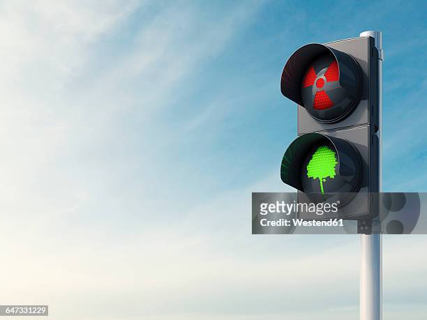 traffic light, green and red sign, red nuclear power sign and green tree, 3d rendering - traffic light stock illustrations