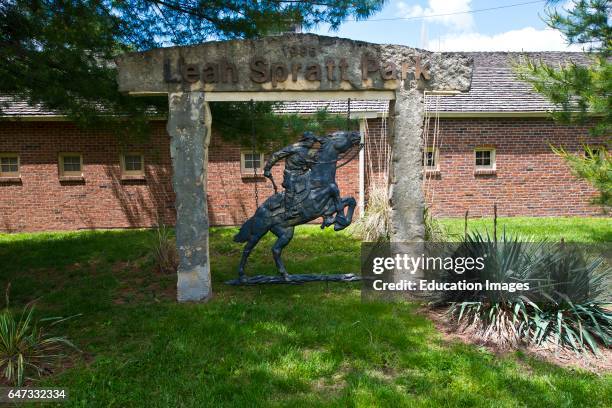 North America, USA, Missouri, St. Joseph Original Pony Express Stable and Museum Buffalo Bill Sculpture Leah Spratt Park.