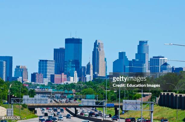 North America, USA, Minnesota, Minneapolis, Skyline from 46th Street I-35W Overpass.