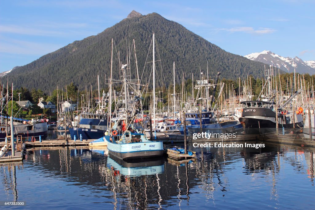 Fishing fleet Crescent Harbor marina mountains Sitka Alaska Inside Passage Southeast Alaska USA