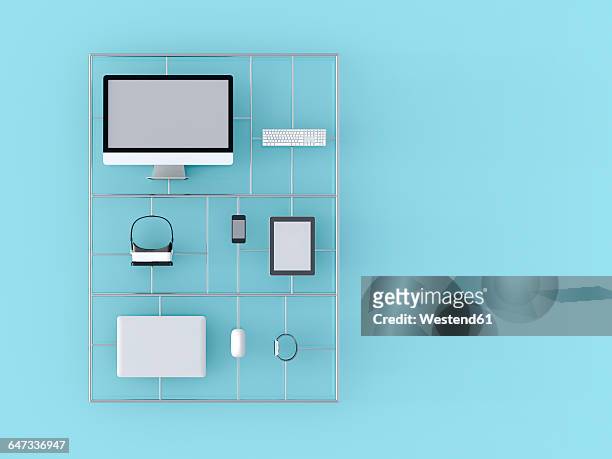 stockillustraties, clipart, cartoons en iconen met electronic devices, computer, laptop, keyboard, tastatur, mouse, tablet-pc, mobile phone, smartwatch, virtual reality glasses, 3d-rendering - 3 d glasses