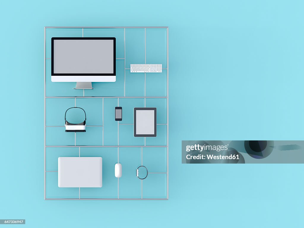 Electronic devices, computer, laptop, keyboard, tastatur, mouse, tablet-pc, mobile phone, smartwatch, virtual reality glasses, 3D-Rendering