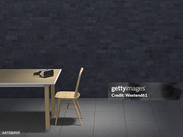 table with vr glasses in darkened room, 3d-rendering - dark table top technology stock illustrations