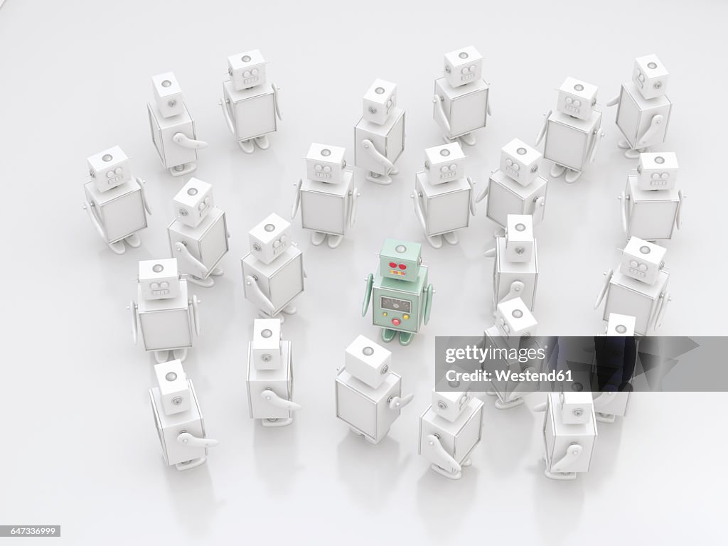 Group of white robots with a coloured one in between, 3D Rendering