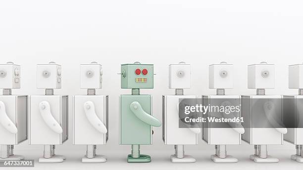 stockillustraties, clipart, cartoons en iconen met row of white robots with a coloured one in between, 3d rendering - authenticity