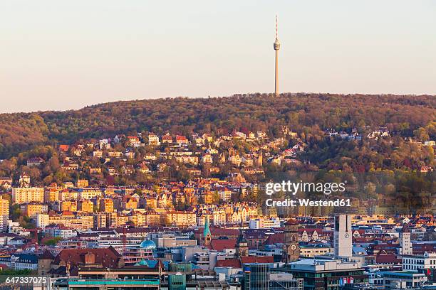 germany, stuttgart, cityscape with tv tower in the evening - stuttgart panorama stock pictures, royalty-free photos & images