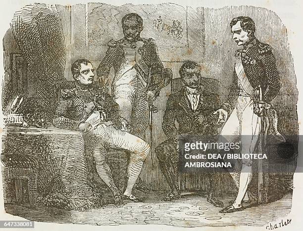 Napoleon Bonaparte speaking with brothers Joseph, Luciano and Jerome at Elysee, 23 June 1815, illustration from the first Italian edition of The...
