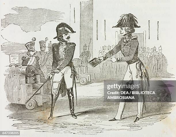 Daumesnil rejecting the Russians' surrender offer, in cash, Battle of Paris, 30 March 1814, illustration from the first Italian edition of The...