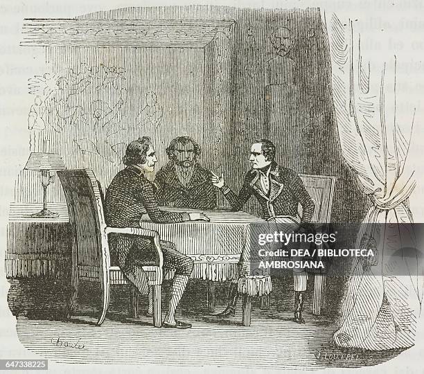 Napoleon Bonaparte recounting the Coup of 18 Brumaire, St Helena Island, illustration from the first Italian edition of The Memorial of Saint Helena,...